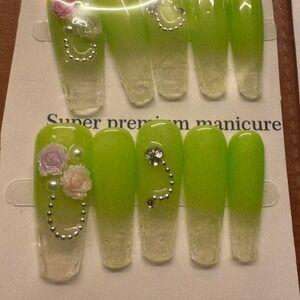Press On Nails Neon Green Ombre‎ 3D Flowers Gem Accents Super Premium